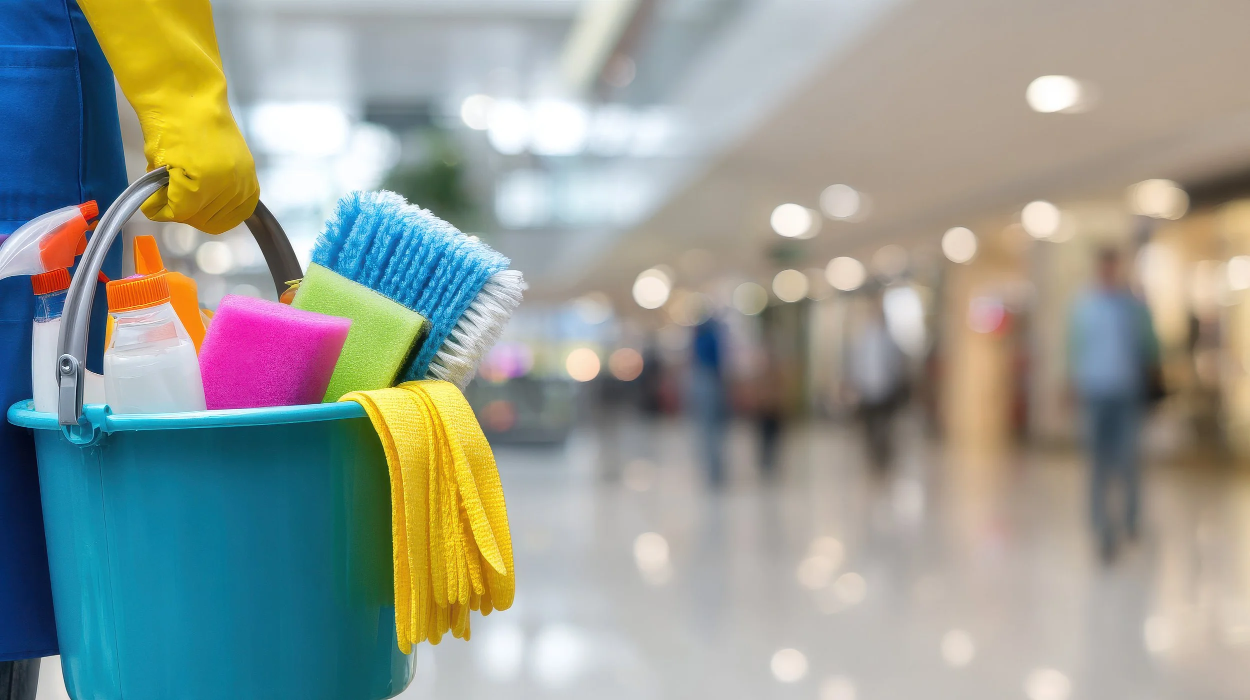 Cleaning supplies including spray bottles, cleaning cloths, gloves, microfiber cloths, and a mop head in a blue bucket held by a person wearing yellow gloves in a brightly lit shopping mall or airport.