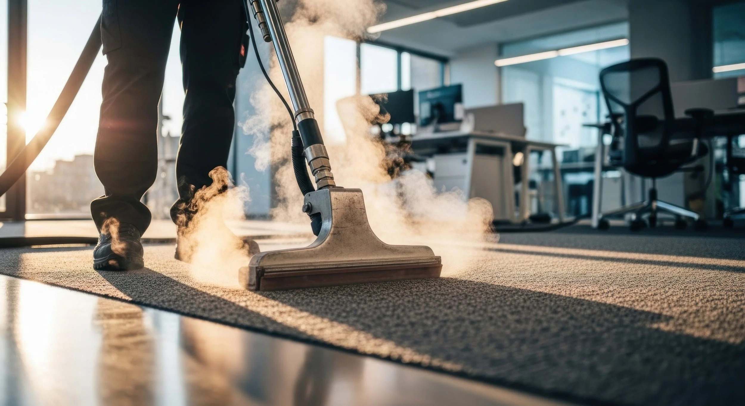 A person cleaning an office carpet with a steam cleaning machine, visible steam rising from the machine on a modern office with large windows and office furniture.