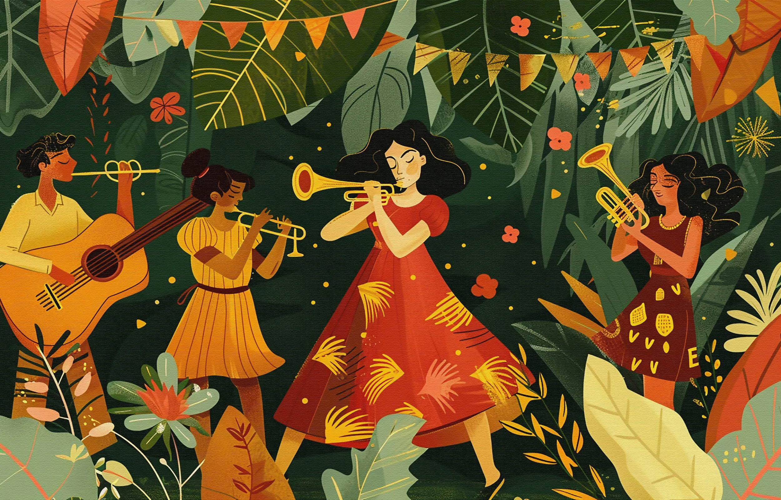 Four women playing musical instruments in a lush jungle setting. One plays guitar, one on trumpet, another on flute, and the fourth on trumpet. They are surrounded by large tropical leaves, flowers, and colorful banners.