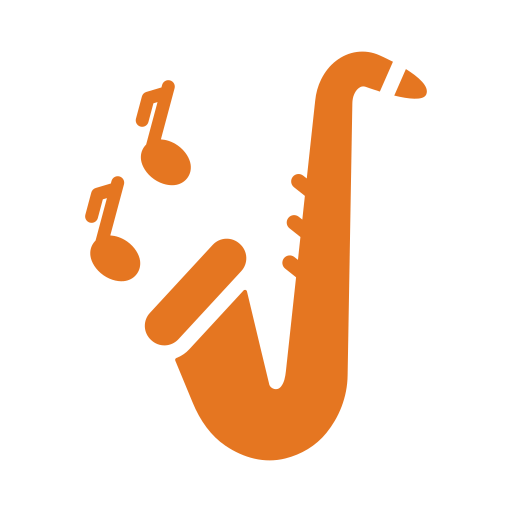 Icon of a saxophone with musical notes.
