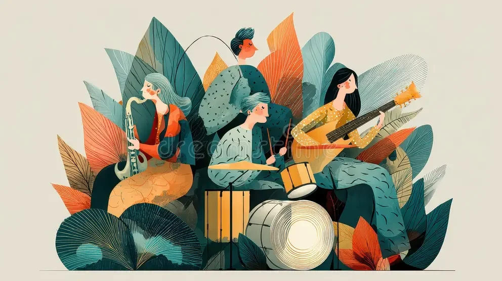 Illustration of four people playing musical instruments surrounded by large colorful leaves.