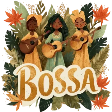 Three women singing and playing guitars surrounded by tropical flowers and leaves, with the word 'Bossa' in bold letters in front