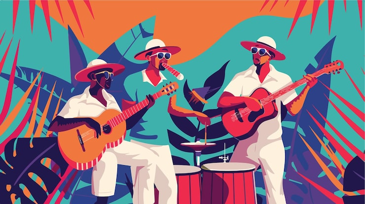 Illustration of three musicians playing guitars and percussion, wearing sun hats and sunglasses, set against a colorful tropical background.