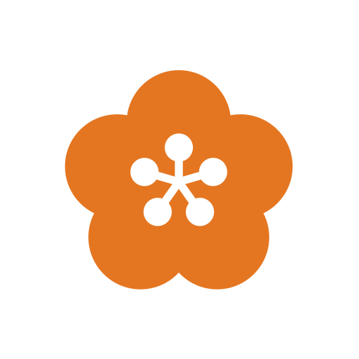 An orange flower with five rounded petals and a central black design resembling a molecular structure.