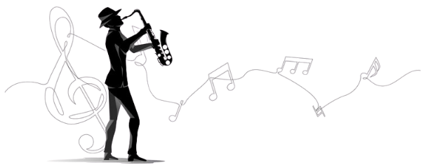 Silhouette of a person playing a saxophone with musical notes flowing around.