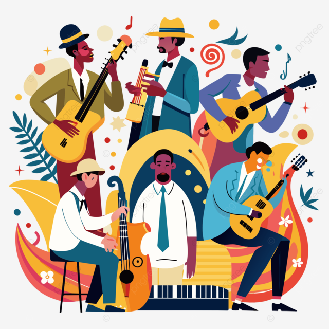 A colorful illustration of a musical band performing, with five members playing guitars, a saxophone, an upright bass, and singing.