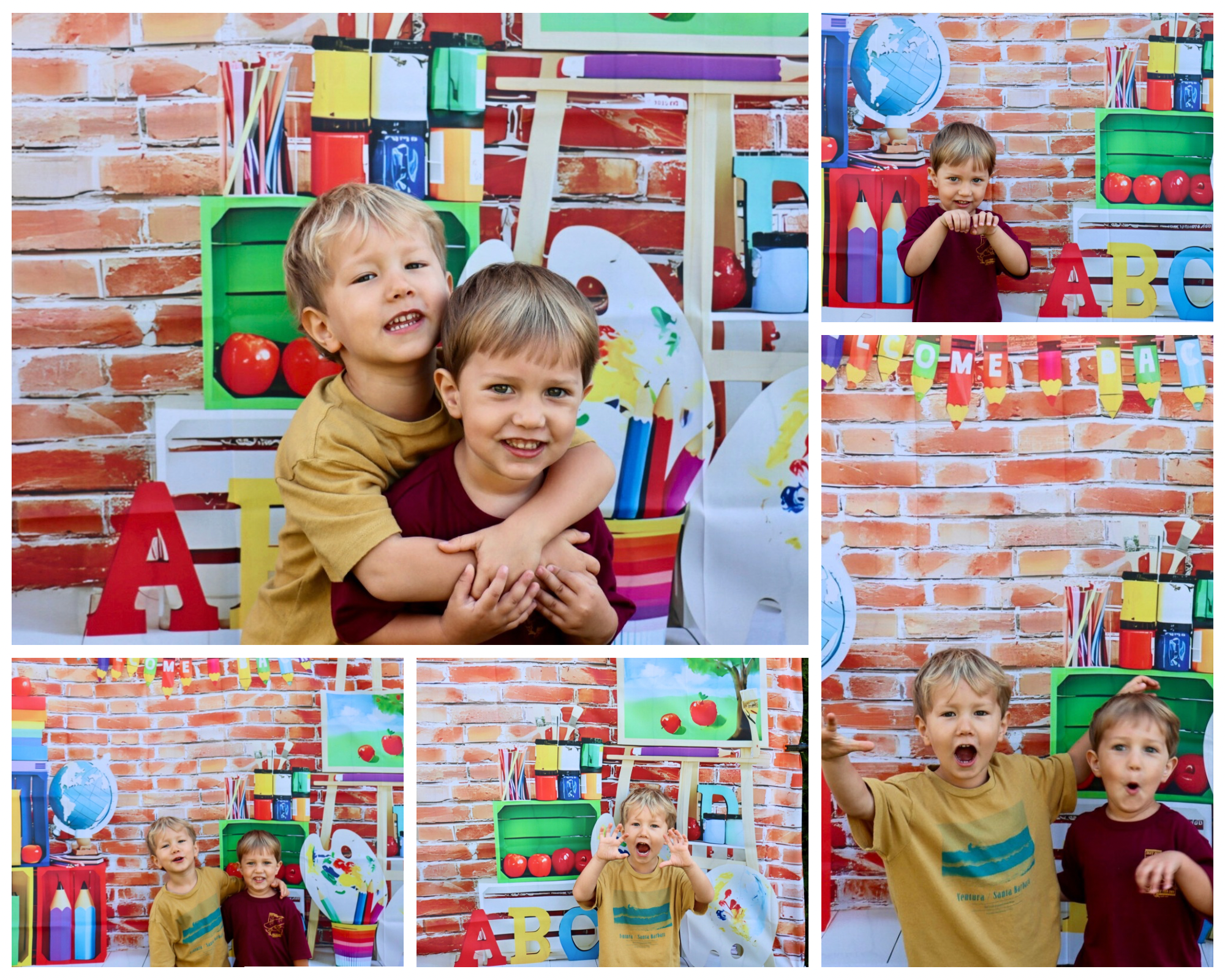 Children celebrating at a classroom with a brick wall backdrop decorated with school-themed items, colorful supplies, and children making playful gestures.