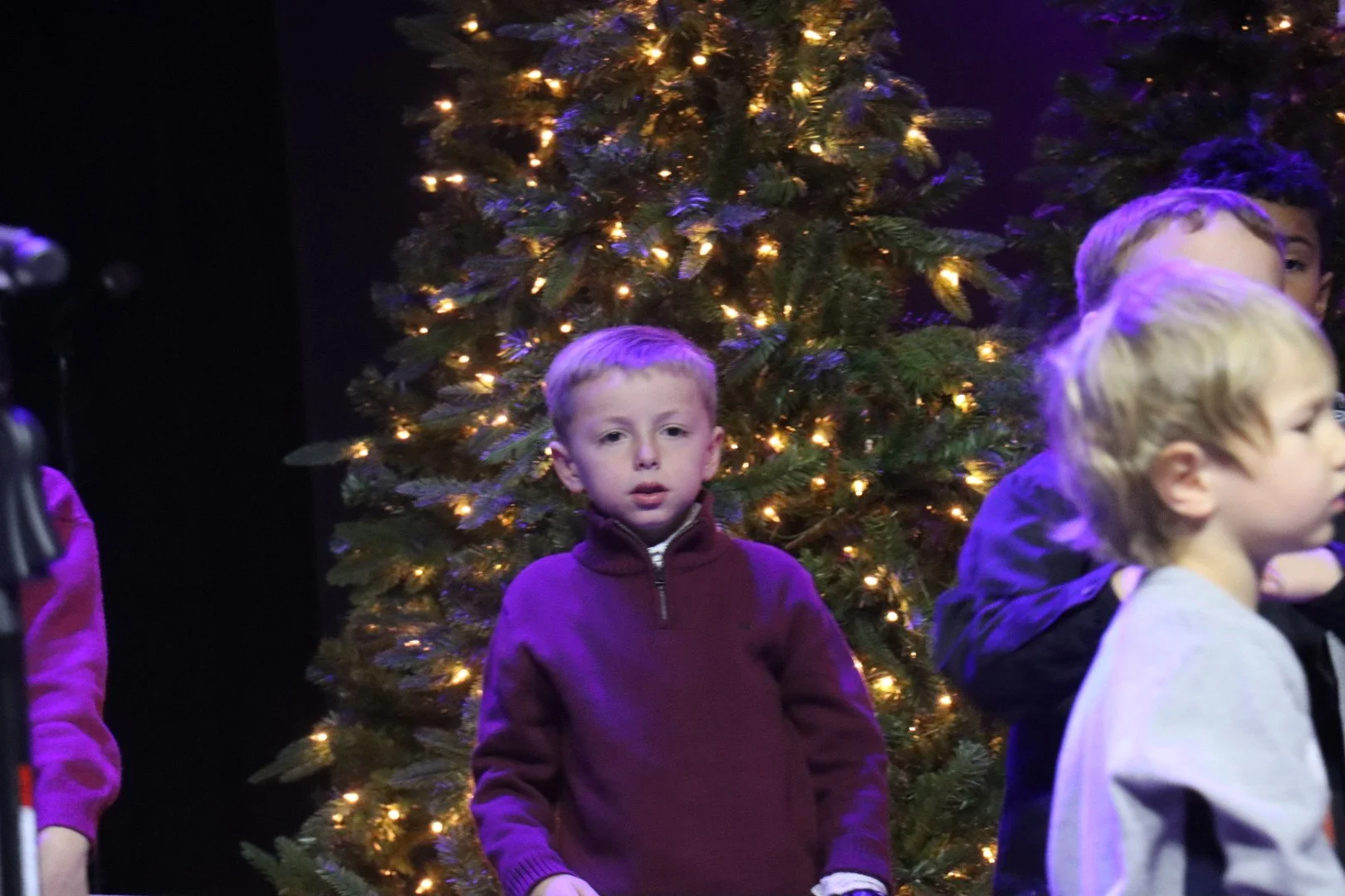 Children standing in front of a decorated Christmas tree with lights, some children are looking towards the camera, others are facing away.