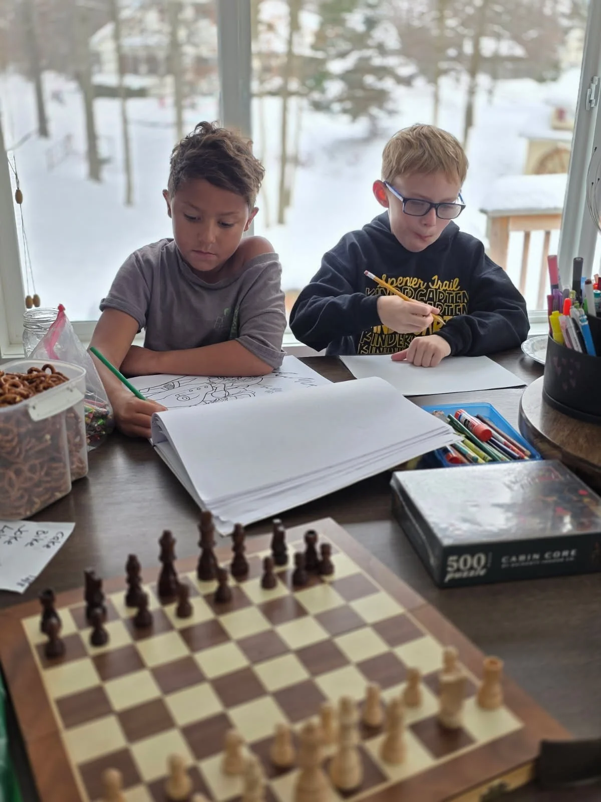Two boys sitting at a table with a chessboard, coloring books, and school supplies, near a window with a snowy landscape outside.