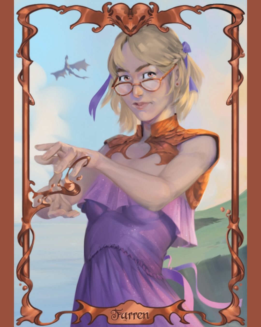 The second character card drawn by the amazing @lumie.draws is Farren Walsh, the other main character of WHEN DEALING WITH DRAGONS! 
Also! The backgrounds connect in the character cards!!! So so cool!!! 

Here is line from Farren&rsquo;s POV, and als