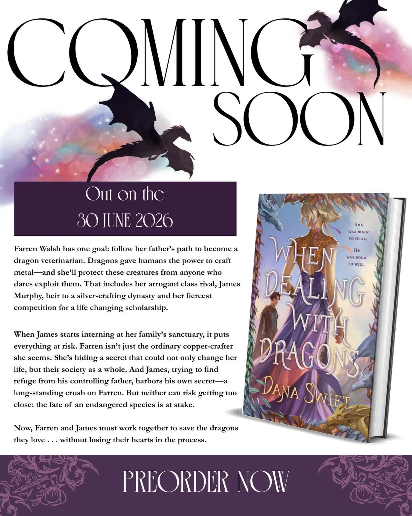 Introducing the final description of WHEN DEALING WITH DRAGONS!!! 

@gracekatherinereads did an amazing job editing this book and writing up this blurb and couldn&rsquo;t be more thankful! When Dealing with Dragons comes out June 30, 2026 from @wedne