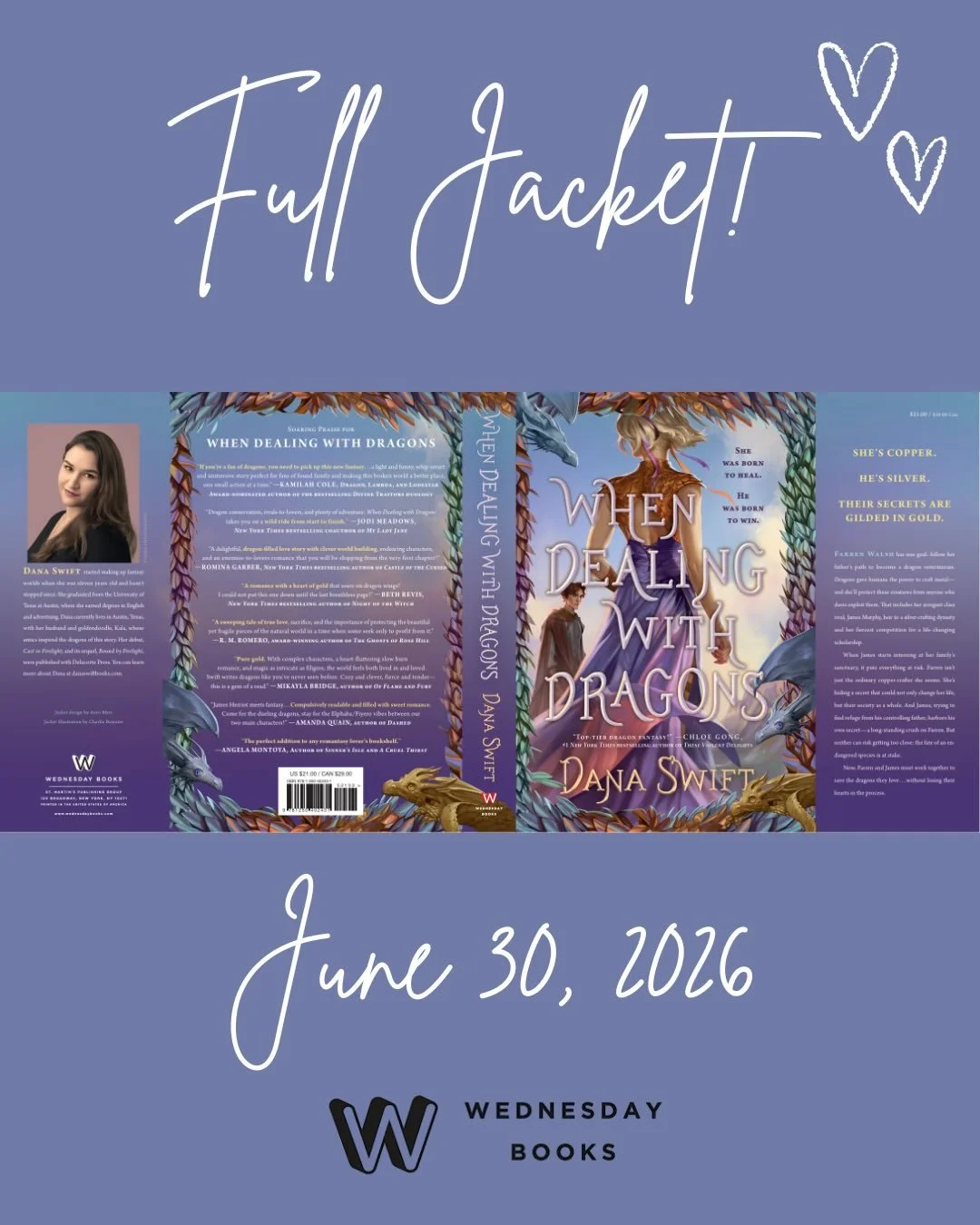 I just turned in developmental edits to the companion novel to WHEN DEALING WITH DRAGONS! 
So to celebrate I want to reveal the full jacket design of WDWD! 

Publisher: @wednesdaybooks 
Artist: @charliebowater 
Cover and jacket designer: @anto_marrt 