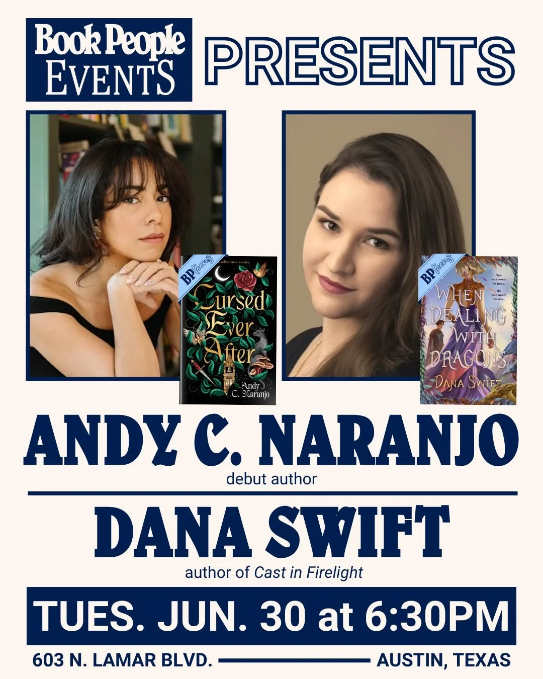 What are you doing on 6/30/26 at 6:30pm? 
Because you could be hanging out with @andy.c.orange and @danaswiftbooks at their joint launch event @bookpeople! 

That&rsquo;s right! Both CURSED EVER AFTER and WHEN DEALING WITH DRAGONS hit shelves on June