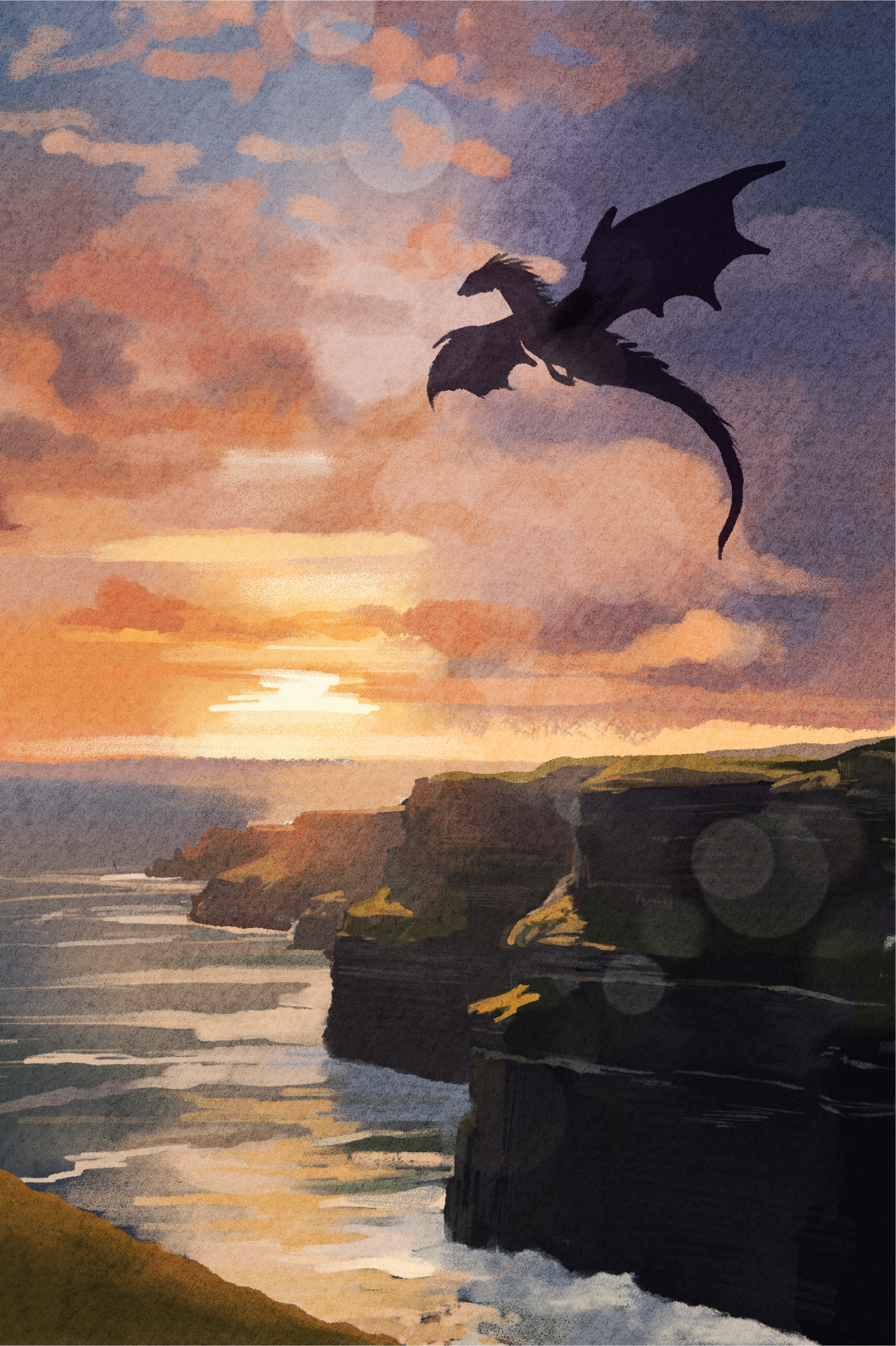 A digital painting of a dragon flying over coastal cliffs at sunset, with the ocean below and a sky filled with pink, purple, and orange clouds.