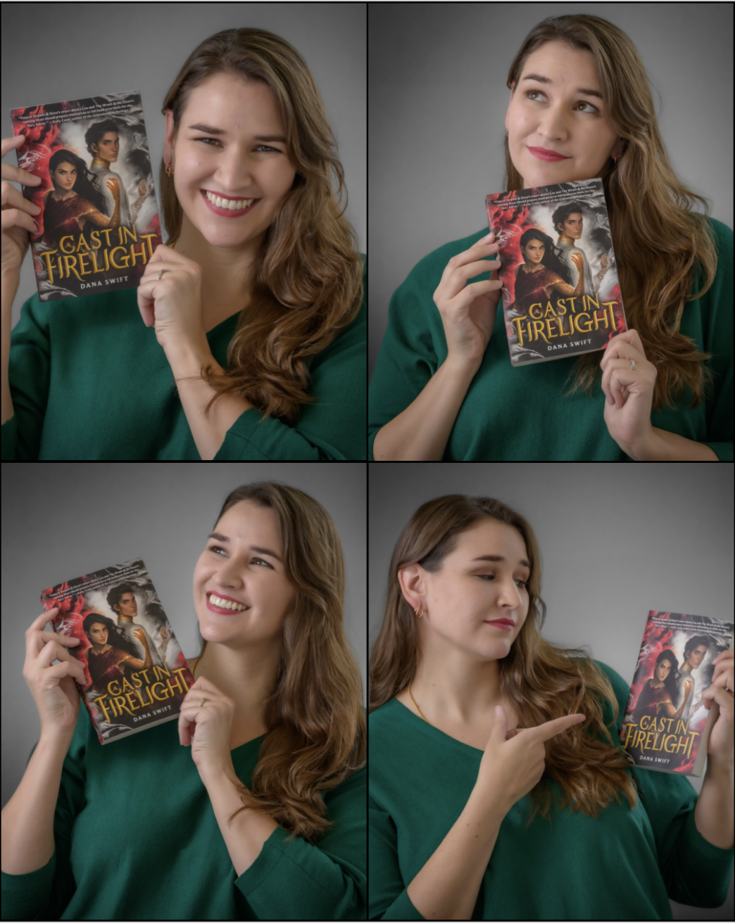 A collage of four images of a Dana, wearing a green top, holding a copy of the book 'Cast in Firelight' by Dana Swift. She shows different expressions and poses, including smiling and pointing at the book.