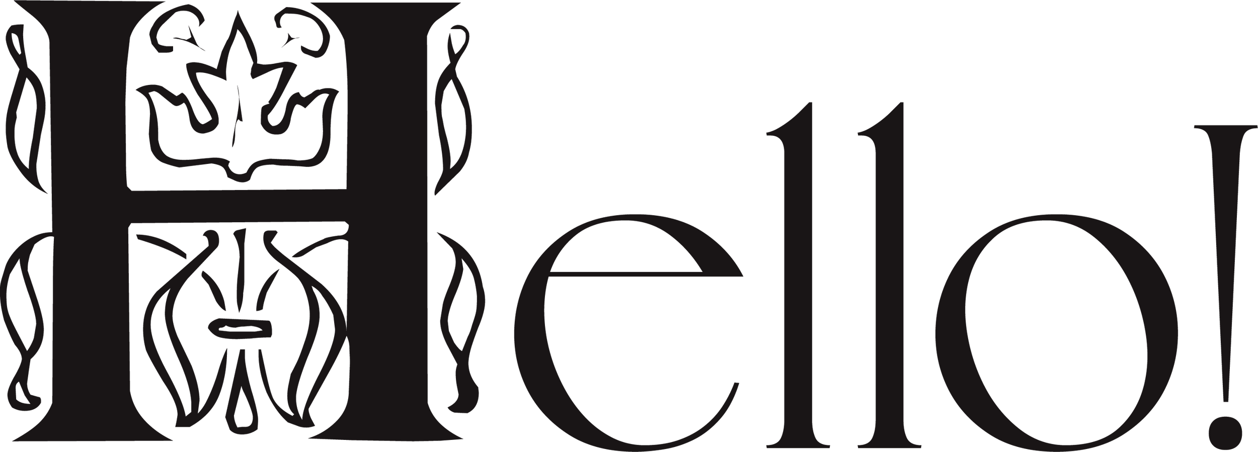 The word 'Hello!' in large black letters with a decorative floral design inside the letter 'H'.