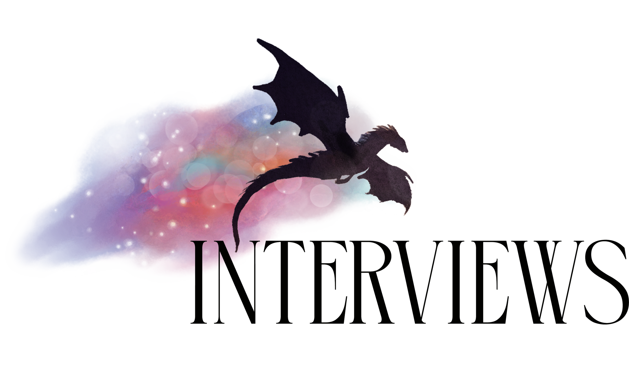 A digital illustration featuring a graffiti-style cloud with a soft, colorful, bokeh background, with a black dragon silhouette overlapping it. The partially visible text reads 'INTERVIEWS' beneath the cloud and dragon.