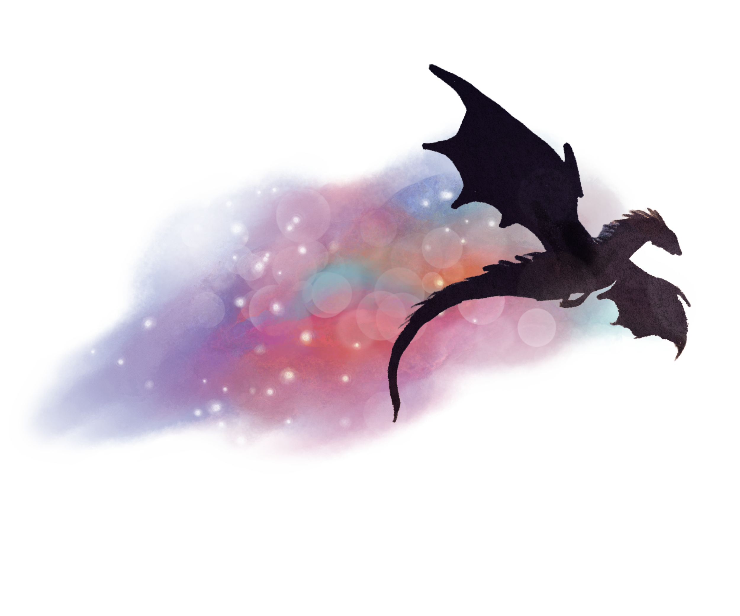 A watercolor-style cloud with a colorful, starry background, and a black silhouette of a dragon overlaying the scene.