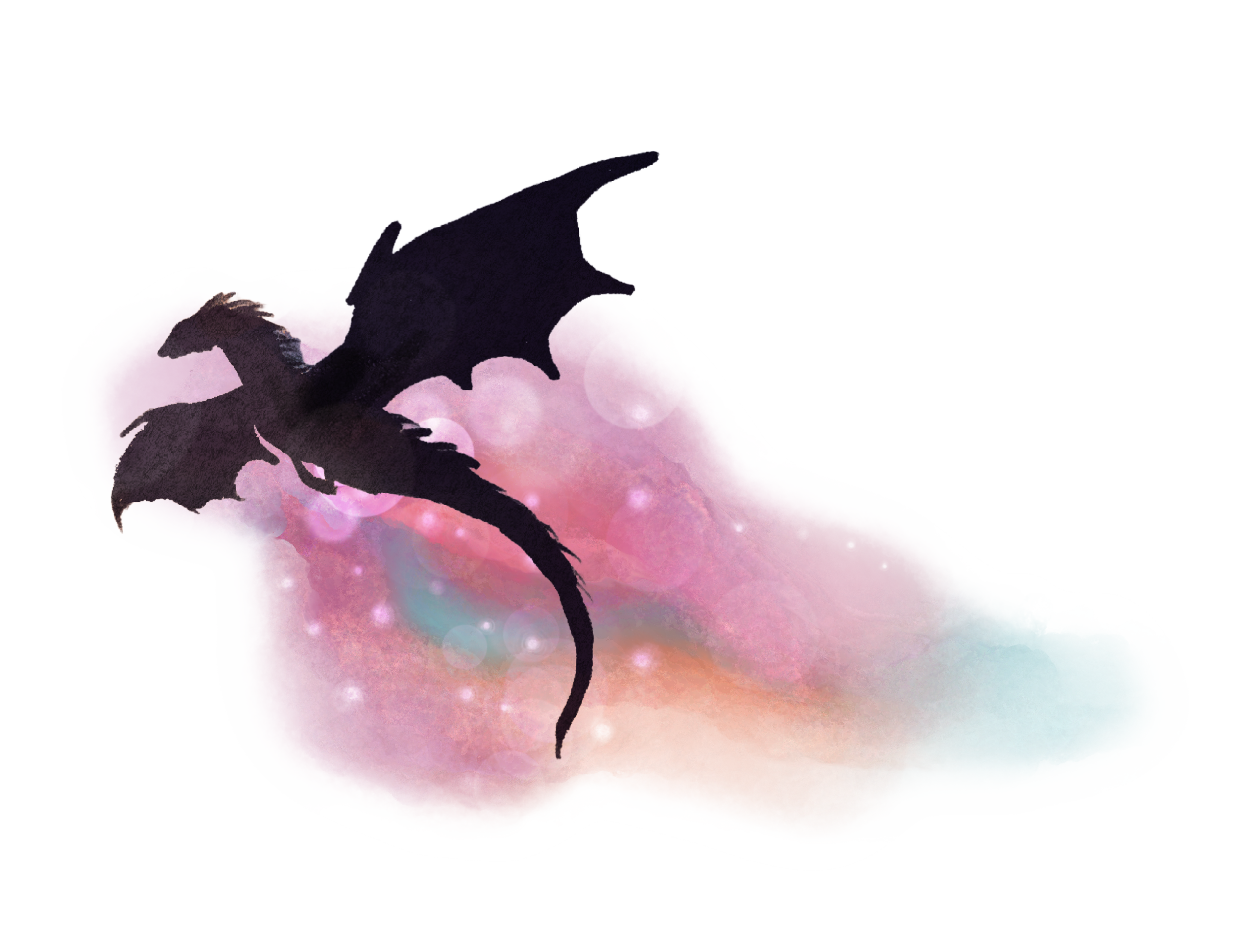 A watercolor-style illustration of a black dragon flying over a colorful, celestial background with pink, blue, and purple hues, and glowing orbs.