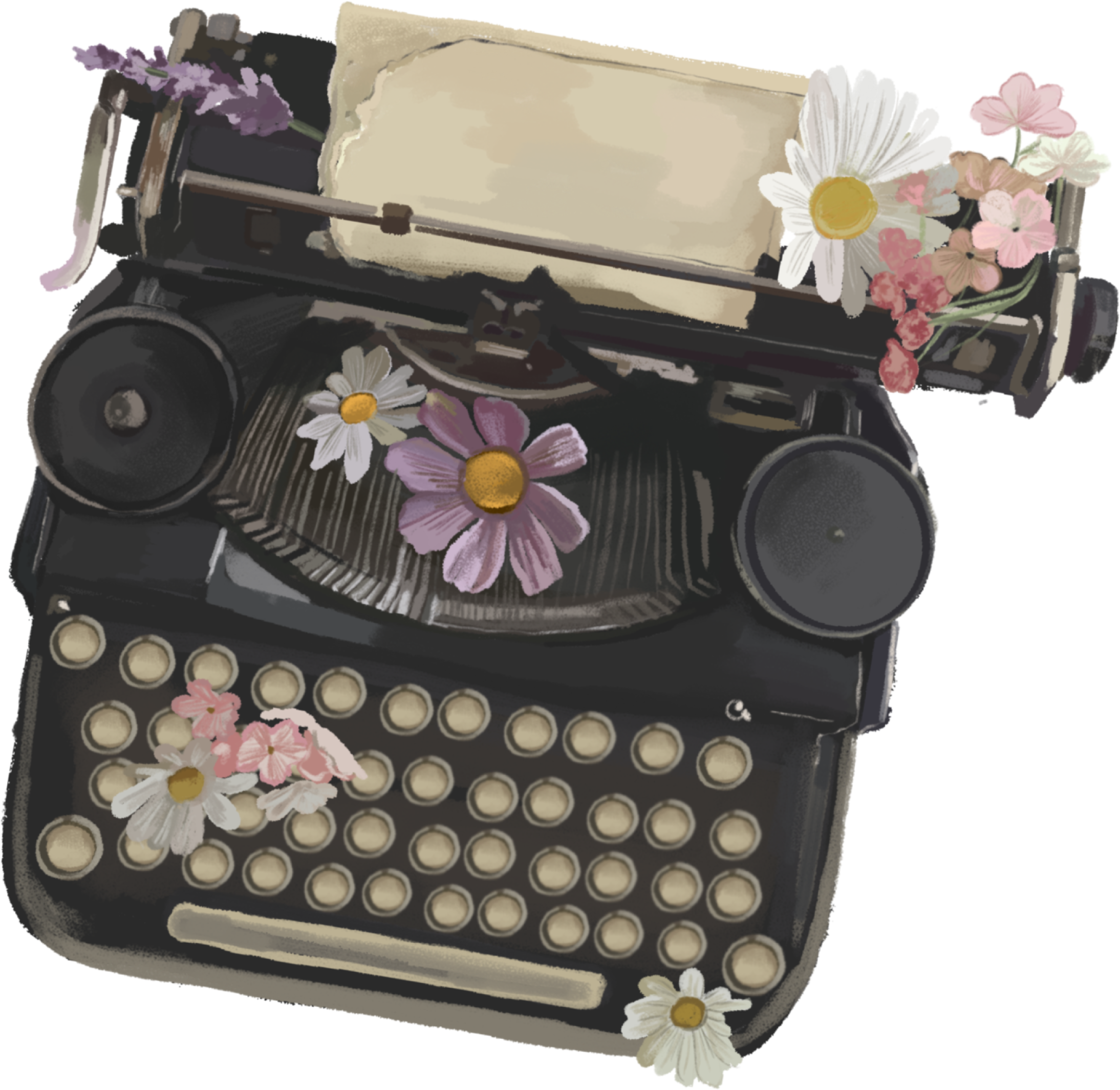 An illustration of a vintage typewriter decorated with pink, white, and purple flowers, including daisies and other small blossoms.