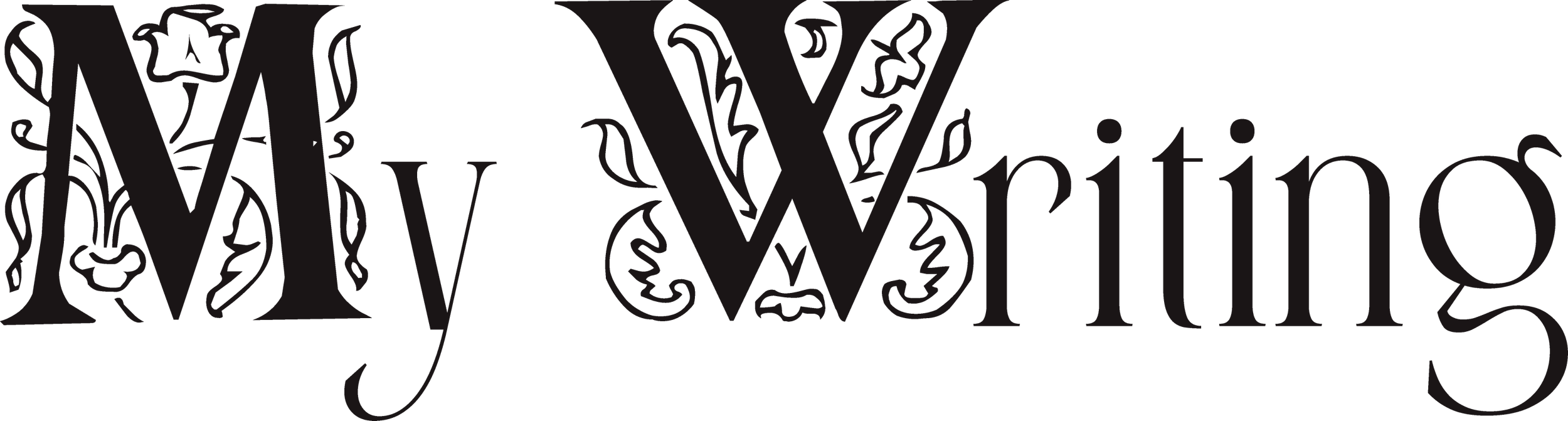 Decorative logo with the words "My Writing" in black, stylized text with floral and scroll embellishments.