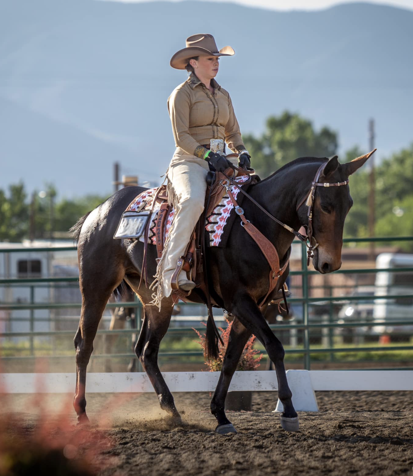 A woman riding a black horse in a western-style riding arena, dressed in cowboy attire with a wide-brimmed hat and fringe chaps, during daylight.