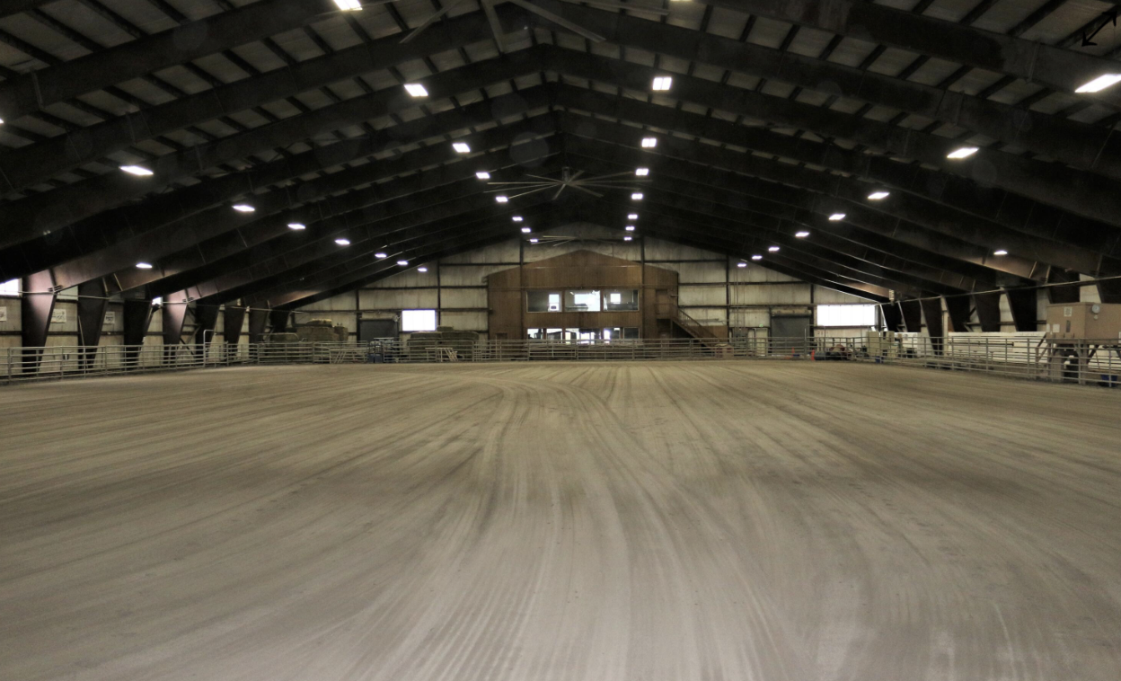 Interior view of an indoor equestrian riding arena with a dirt floor, metal railings along the sides, and a roof with multiple lights.