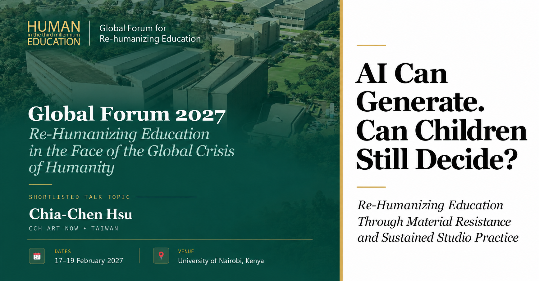 CCH ART NOW promotional poster for Global Forum 2027 in Nairobi, Kenya, featuring Chia-Chen Hsu's presentation AI Can Generate. Can Children Still Decide?, with a green conference graphic and campus imagery.