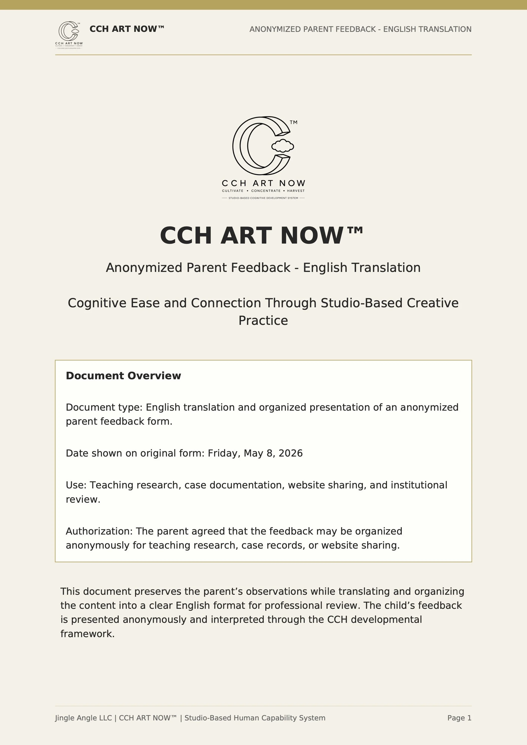Document titled 'CCH ART NOW' with logo and subtitle 'Studio-Based Human Capability System.' The document discusses anonymous parent feedback, its purpose, and usage details, with a beige background and black text.