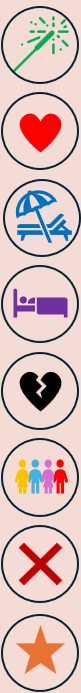 A series of six icons: a clock with a check mark, a heart, a beach chair under an umbrella, a bed, a broken heart, a group of people, and a red cross.