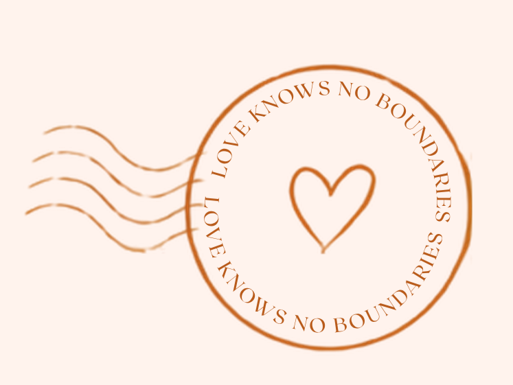 Vintage postcard stamp featuring a heart and the words Love Knows No Boundaries, celebrating travel romance and long-distance love.