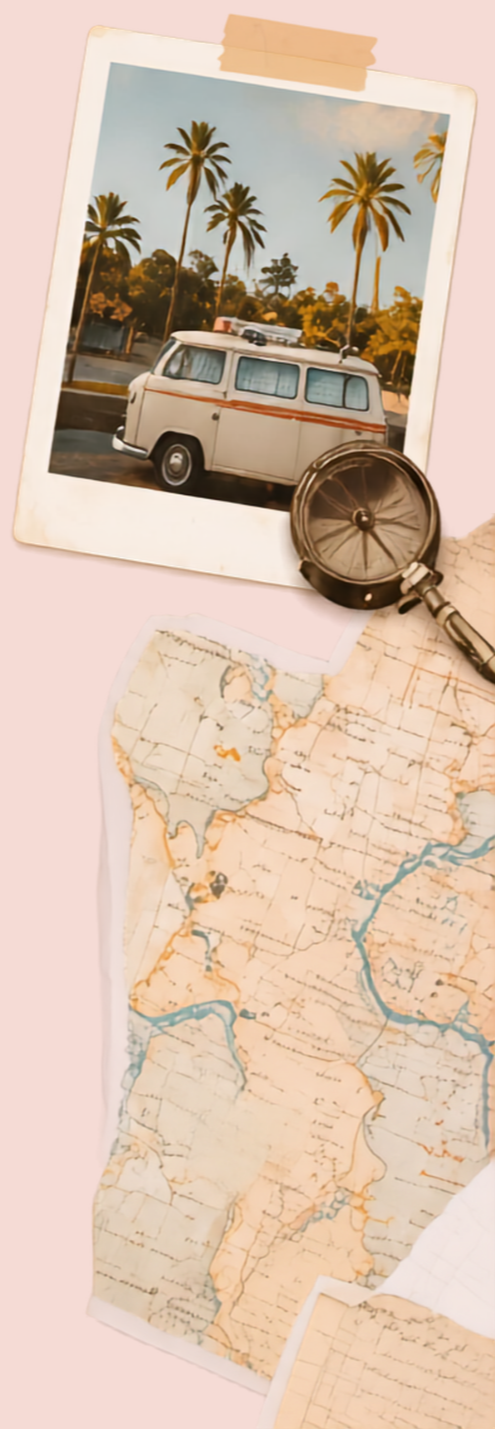 Vintage travel collage featuring a campervan beneath palm trees, an old world map and a compass, representing adventures and connections abroad.