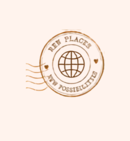 Vintage travel postmark with globe illustration and the words New Places, New Possibilities, celebrating new connections through travel.