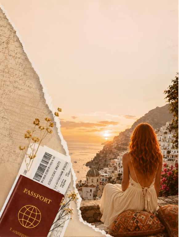 Red-haired woman in a white dress overlooking a coastal town at sunset, with a passport, boarding passes and vintage travel details in a romantic travel collage.