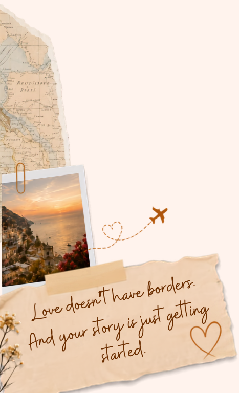 Vintage travel collage featuring a coastal sunset, old map, airplane and handwritten quote: Love doesn't have borders. And your story is just getting started.