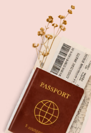 Vintage-style travel collage featuring a brown passport, boarding pass, dried flowers and map, symbolising travel adventures and new connections.