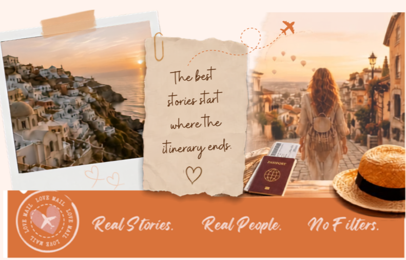 Travel romance podcast collage featuring Greek island scenery, a traveller, a passport and the message Real Stories, Real People, No Filters.