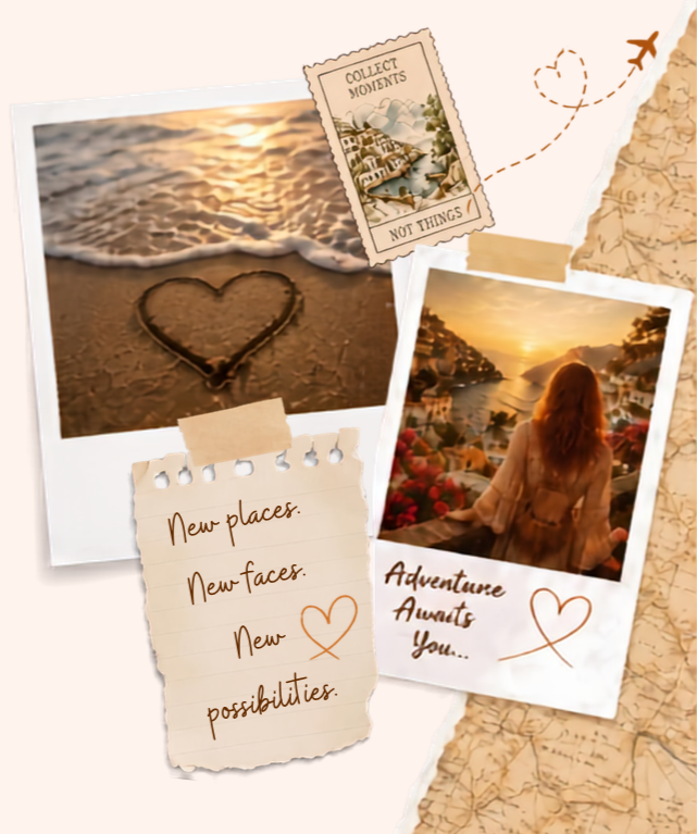 Vintage travel collage featuring a heart drawn in beach sand, a coastal sunset, a traveller and the words New places, new faces, new possibilities. Adventure awaits you.