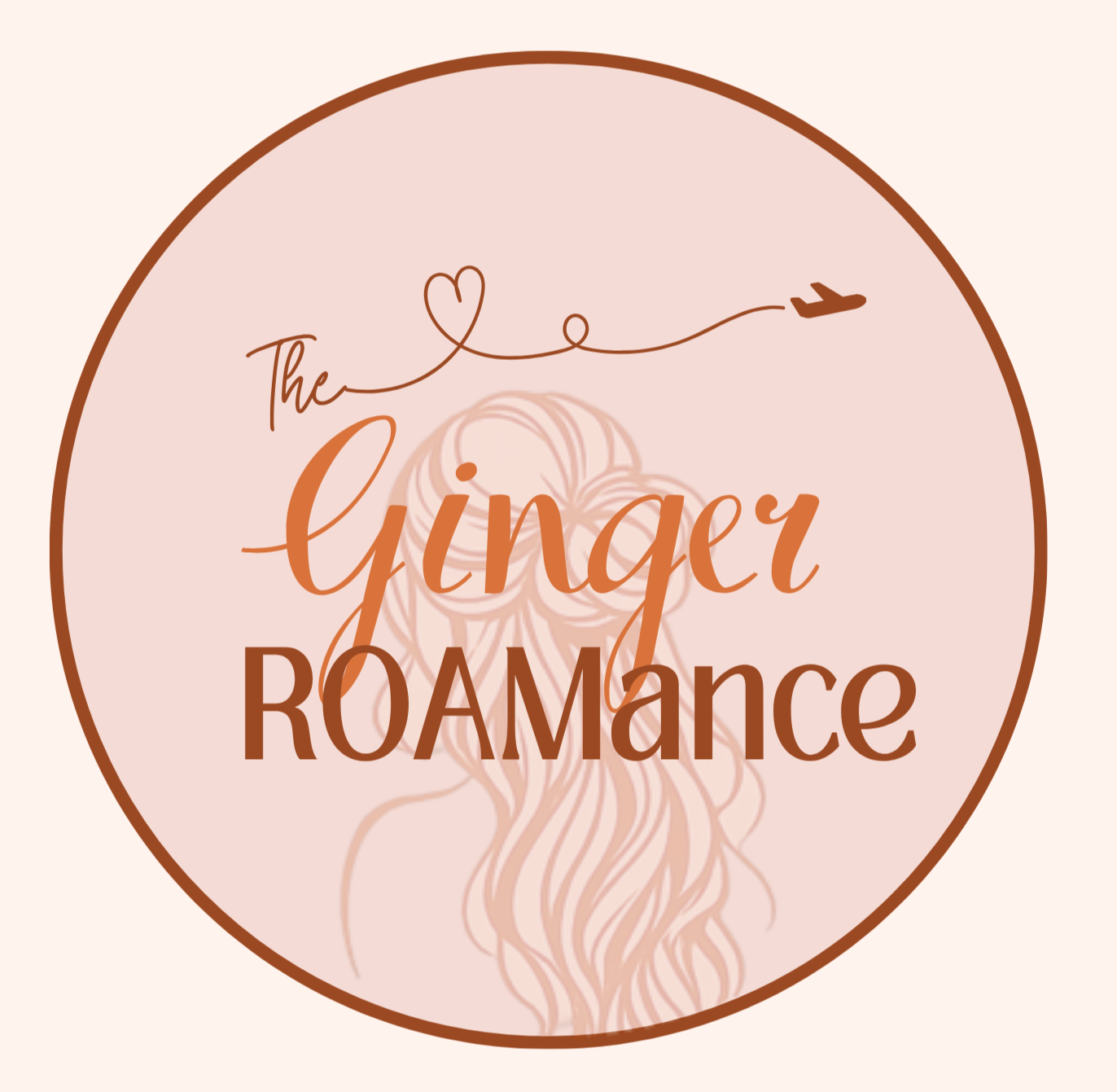 The Ginger ROAMance circular podcast logo featuring a woman illustration, heart-shaped flight path and aeroplane, representing travel, love and storytelling.