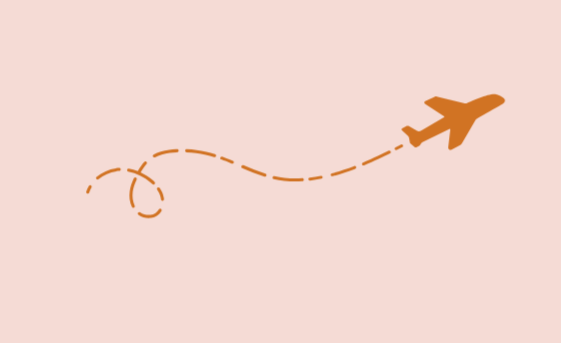 Decorative illustration of an orange airplane and curved flight path representing international travel and adventure.