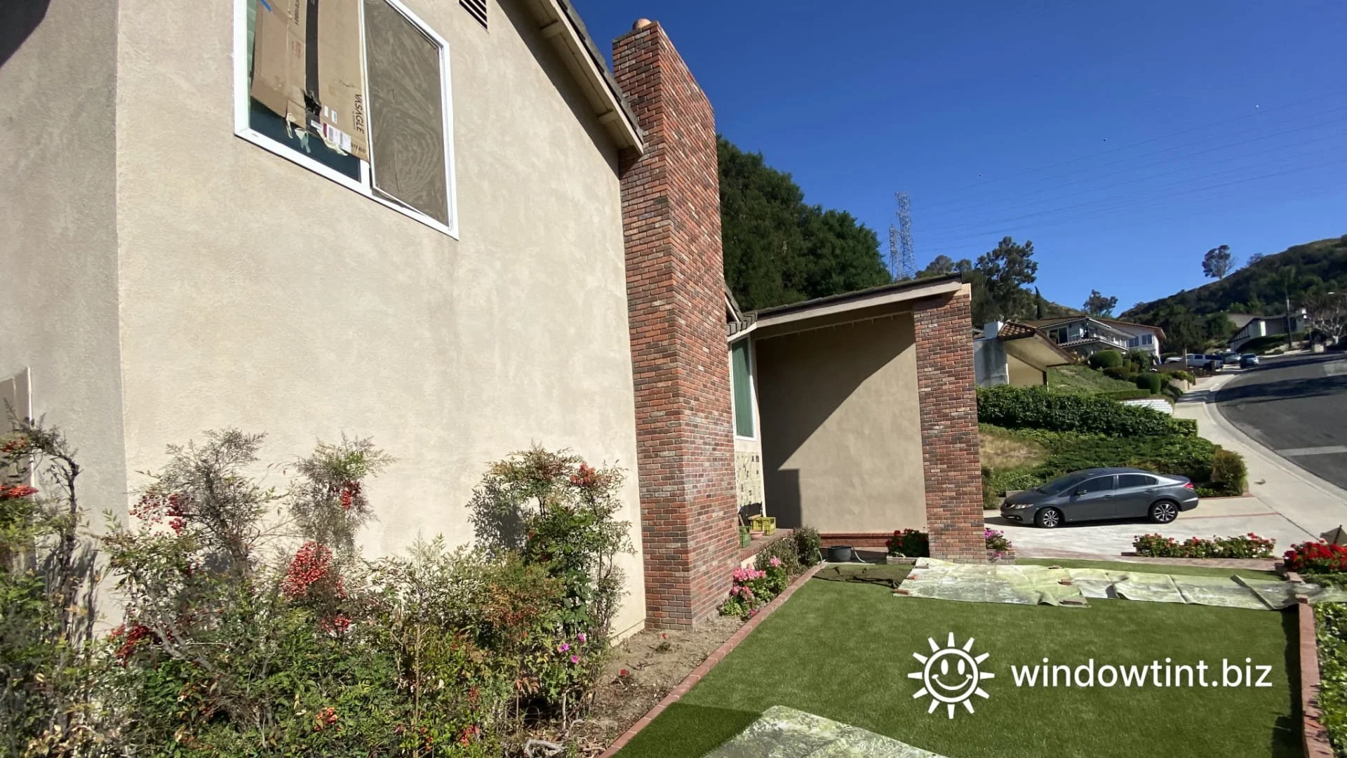 Preventing window reflection turf damage in Temecula CA with exterior window film on a residential home