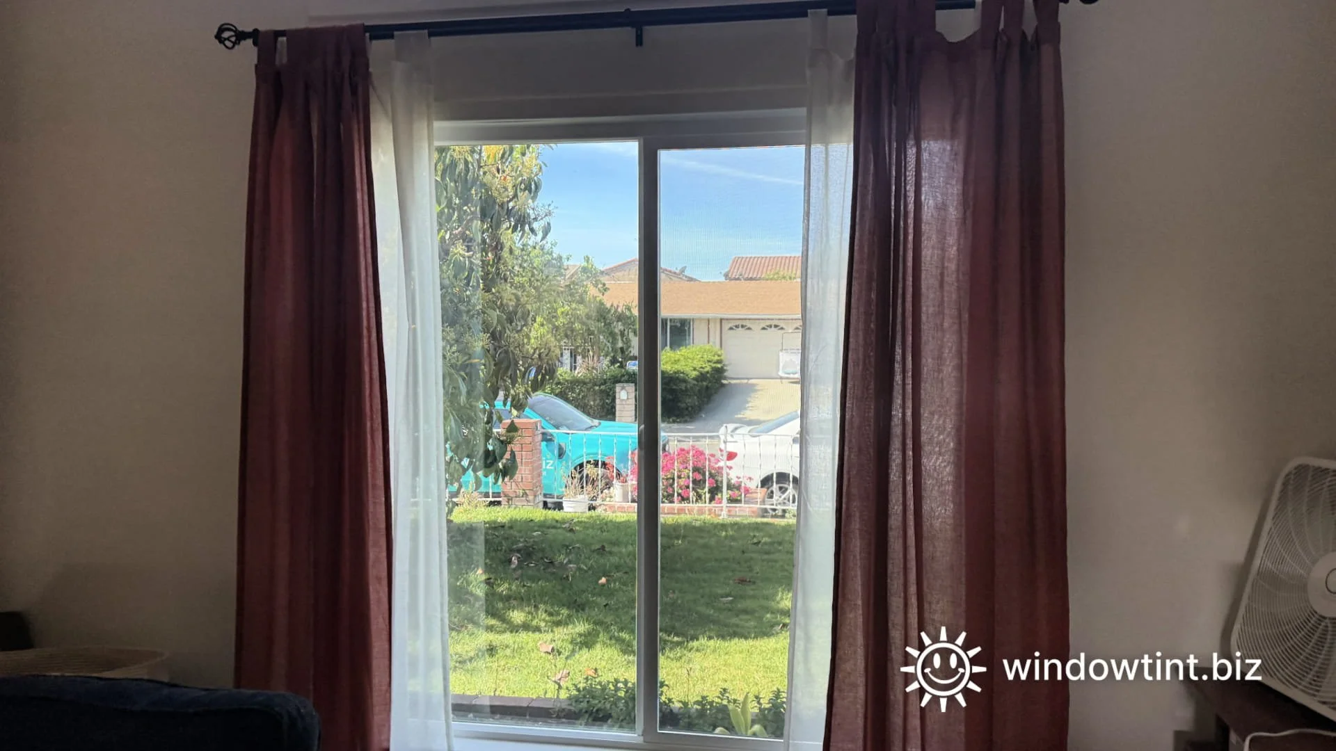 View from inside home with residential window film installed for privacy and reduced glare in Los Angeles