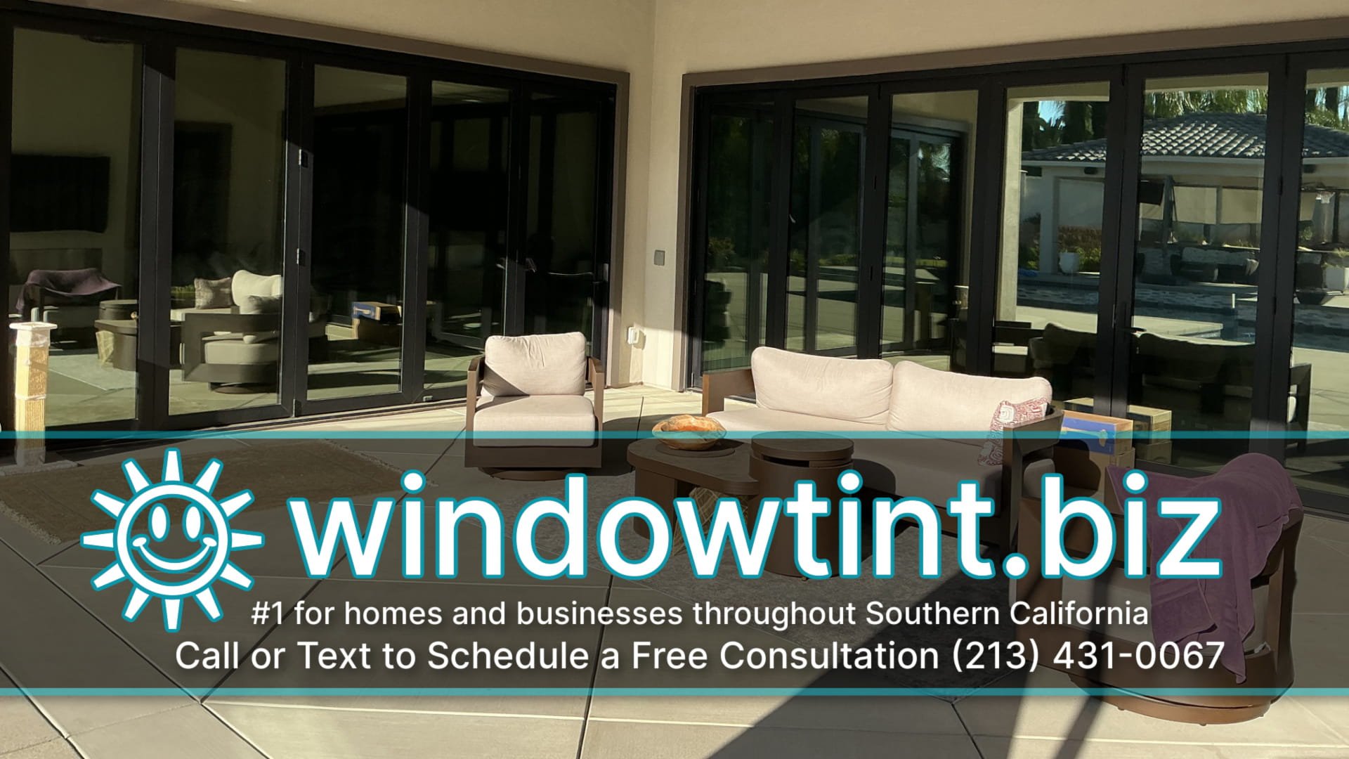 Residential window tint on backyard-facing windows of a Riverside 92508 home with pool