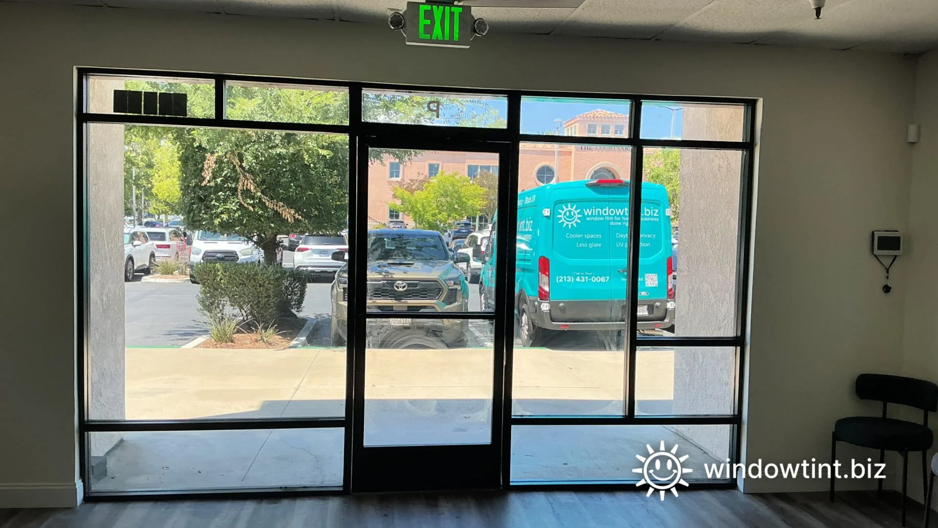 Commercial window film on storefront glass in Temecula CA for heat glare privacy and UV protection