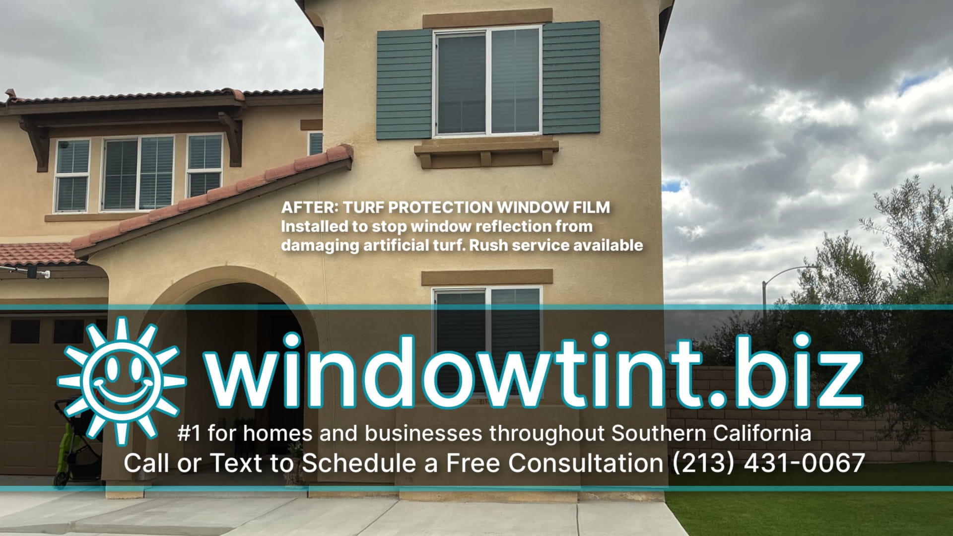 Home window film project for artificial grass turf burn prevention caused by reflected sunlight