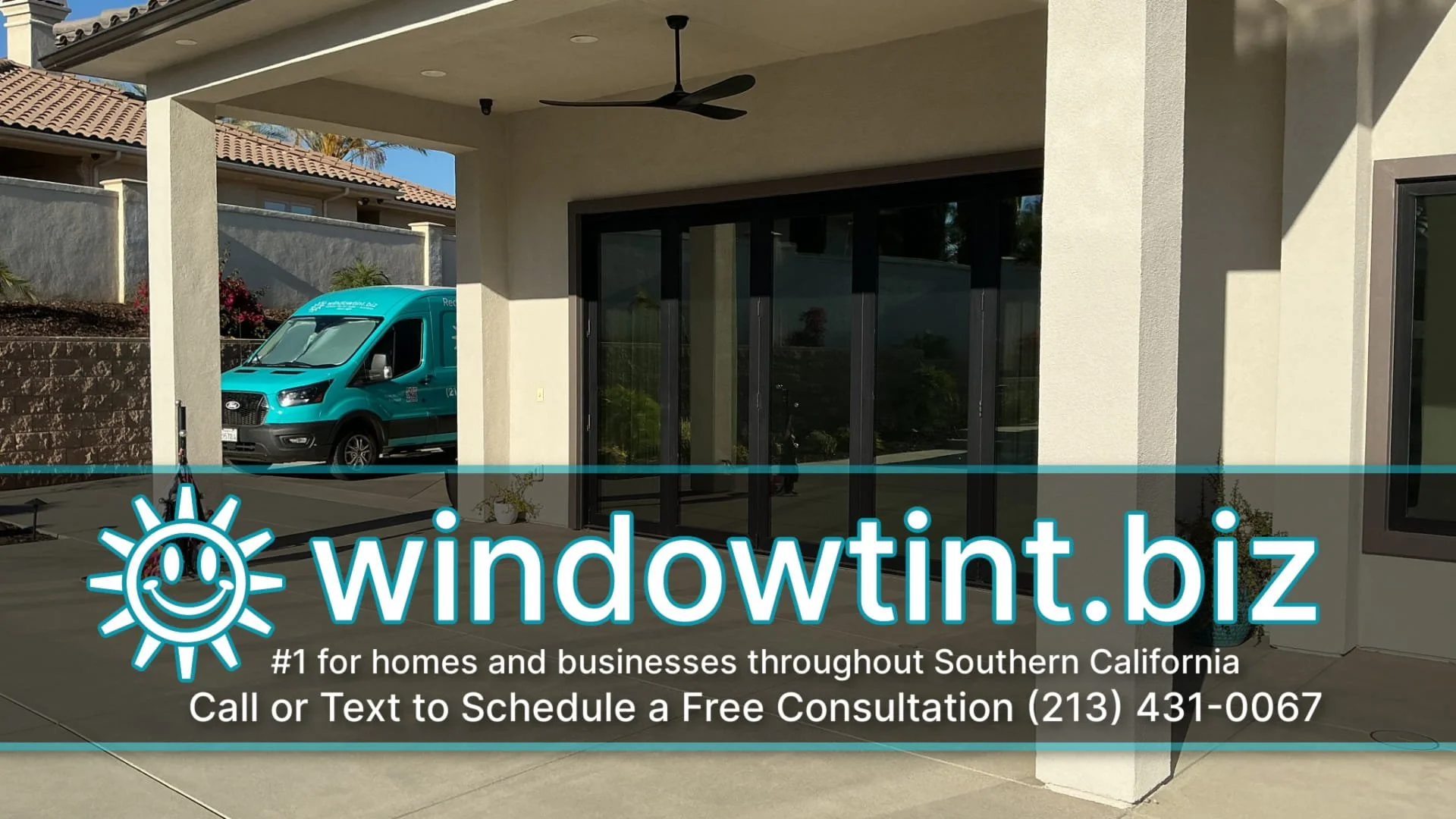 Exterior view of residential window film on backyard patio doors in Riverside California