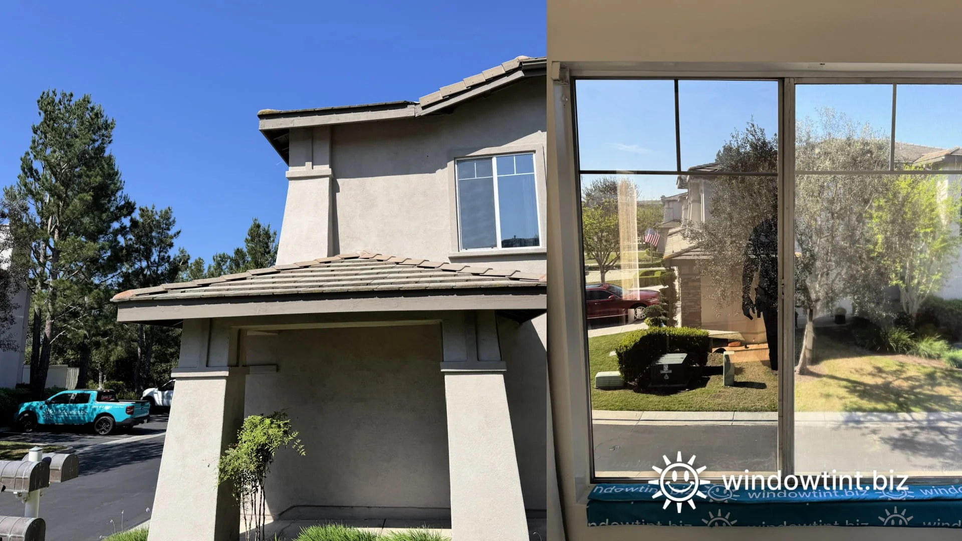 Split view of a Coto De Caza home showing exterior and interior views, with one interior window panel featuring installed window film. T