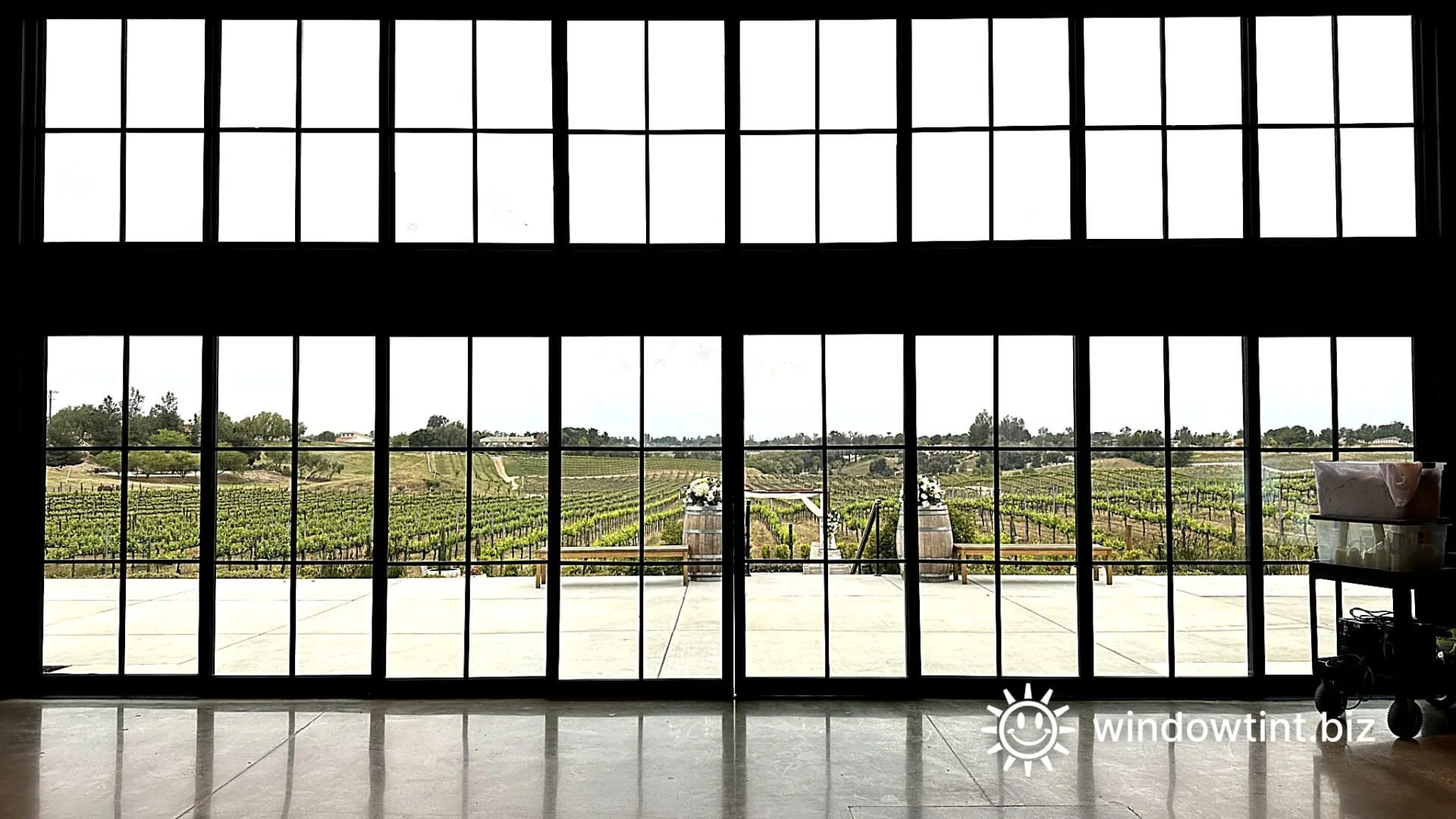 Commercial window tint installed on large glass windows at a winery in Temecula, California overlooking vineyard views.