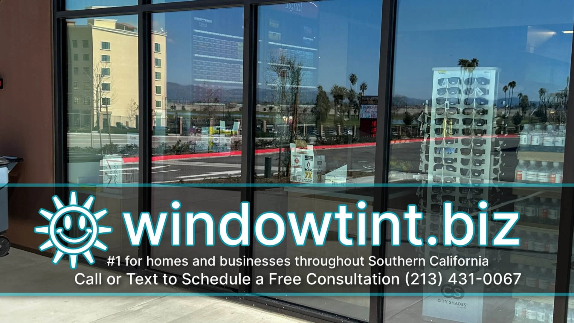 Exterior storefront windows in San Jacinto before commercial window film installation