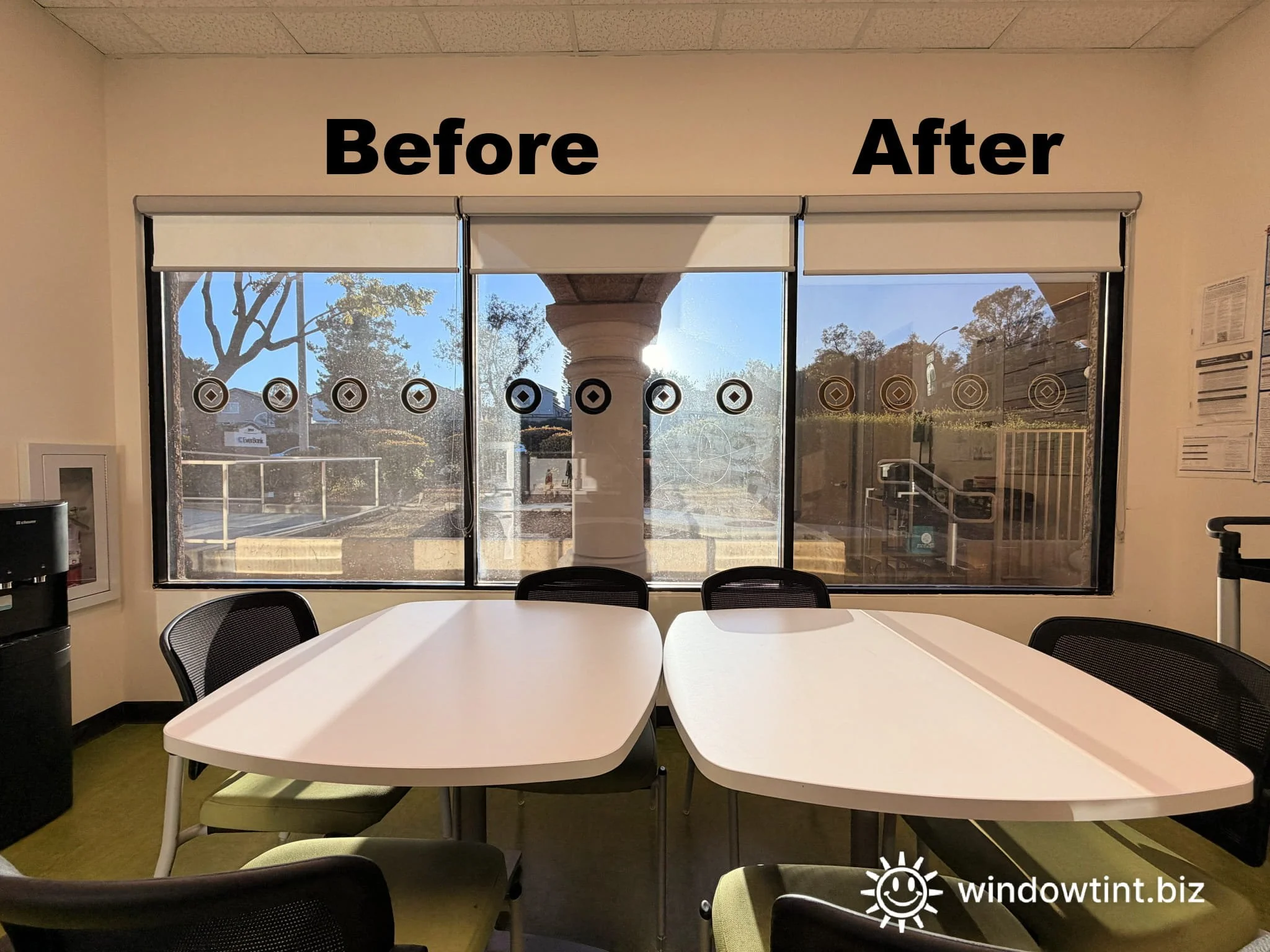 Before and after commercial window tinting in Chino Hills bank showing privacy film reducing glare and heat from inside view